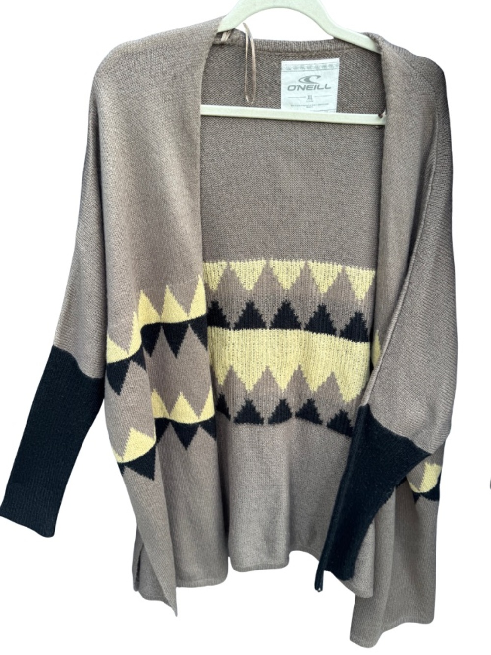 O'Neill Taupe Open-Front Sweater Cardigan with Yellow & Black Geometric Trim
